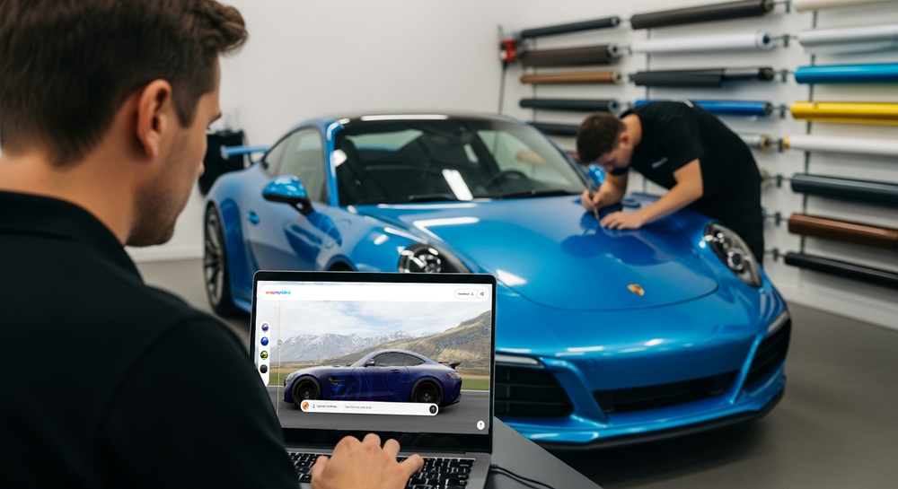 Wrap shop professional using WrapMyRide AI on a laptop